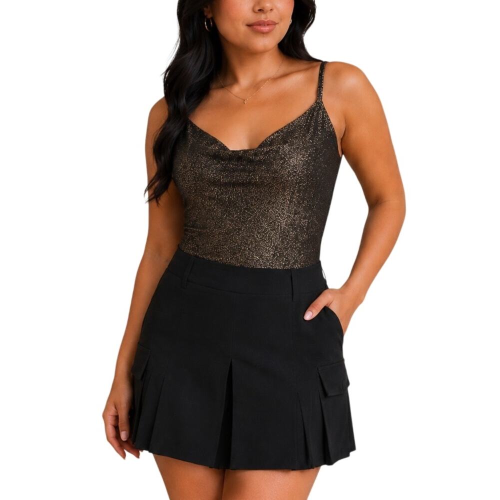 Forever 21 Metallic Bodysuit L Black Bronze Shimmer Cowl Neck NWT